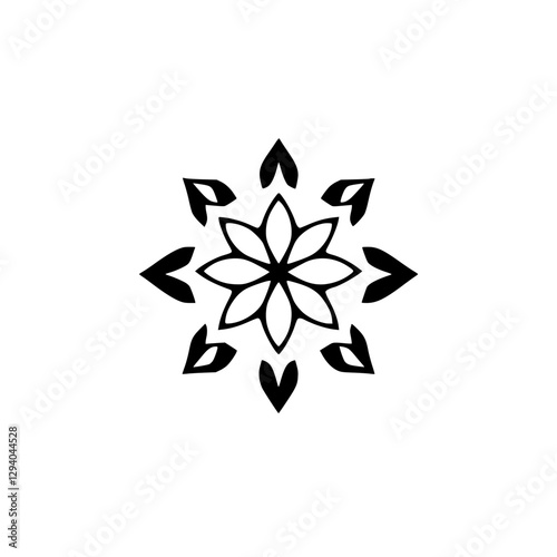 Black on White Flower: Detailed minimalist illustration of an 8-petal star with additional decorative details.