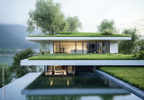 Modern green roof design for houses with flat and sloping roofs, in a garden environment. A modern architectural concept