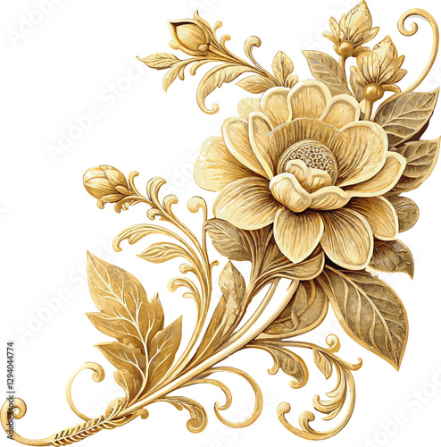 abstract floral background with flowers, 3d illustration of a corner floral golden luxury high relief flower.