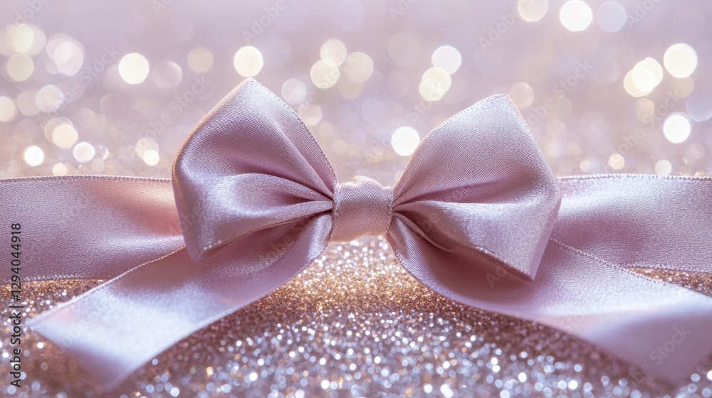 Glossy purple gift bow placed on a shimmering metallic background, luxurious design
