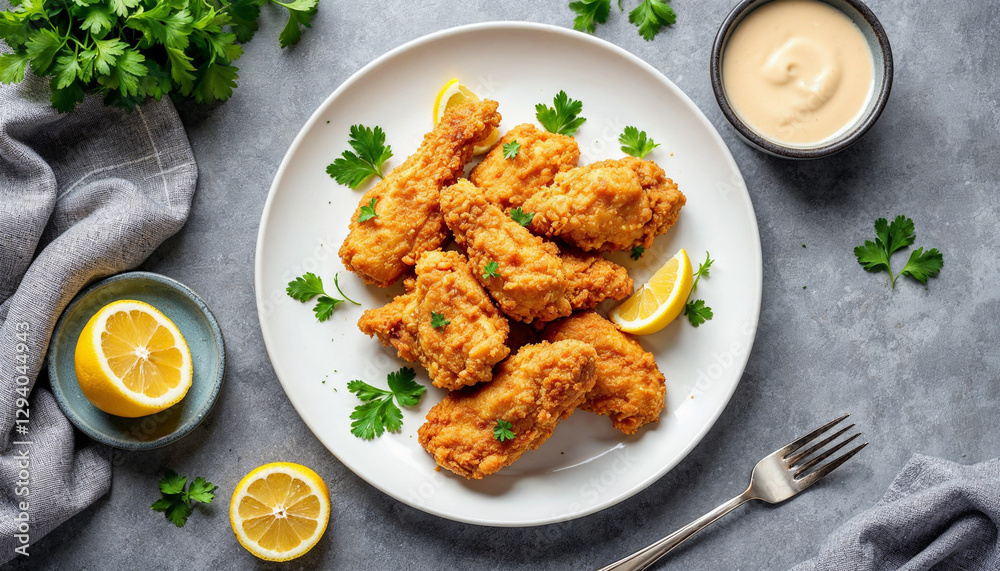 fried chicken on a white plate with lemon slice and parsley leaves fried chicken on a white plate with lemon slice and parsley leaves