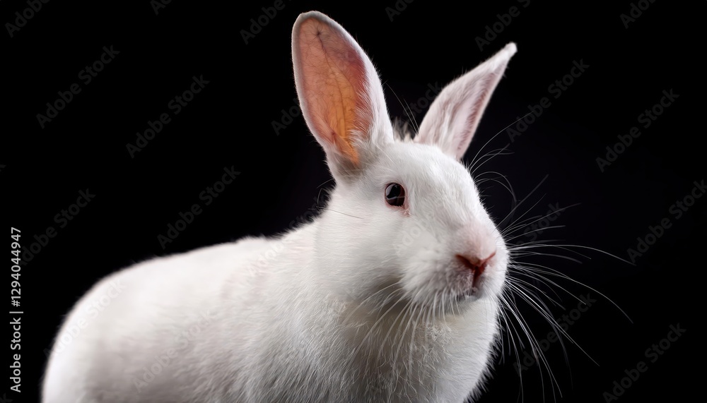 Mysterious White Rabbit Posing against a Dark Studio Backdrop, Caught in a Moment of Dramatic Suspense with a Touch of Whimsy. Mysterious White Rabbit Posing against a Dark Studio Backdrop, Caught in a Moment of Dramatic Suspense with a Touch of Whimsy.