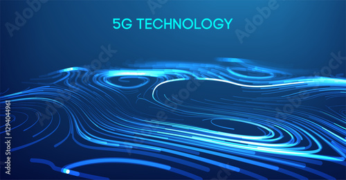 Futuristic 5G technology background with glowing blue digital wave patterns, representing high-speed wireless communication, network connectivity, and data transmission on a dark abstract surface