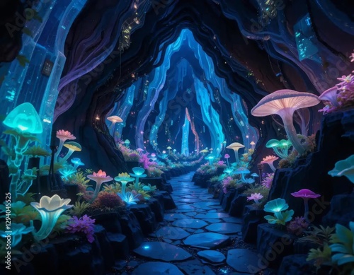 A crystal abyssal sanctuary with luminescent flora