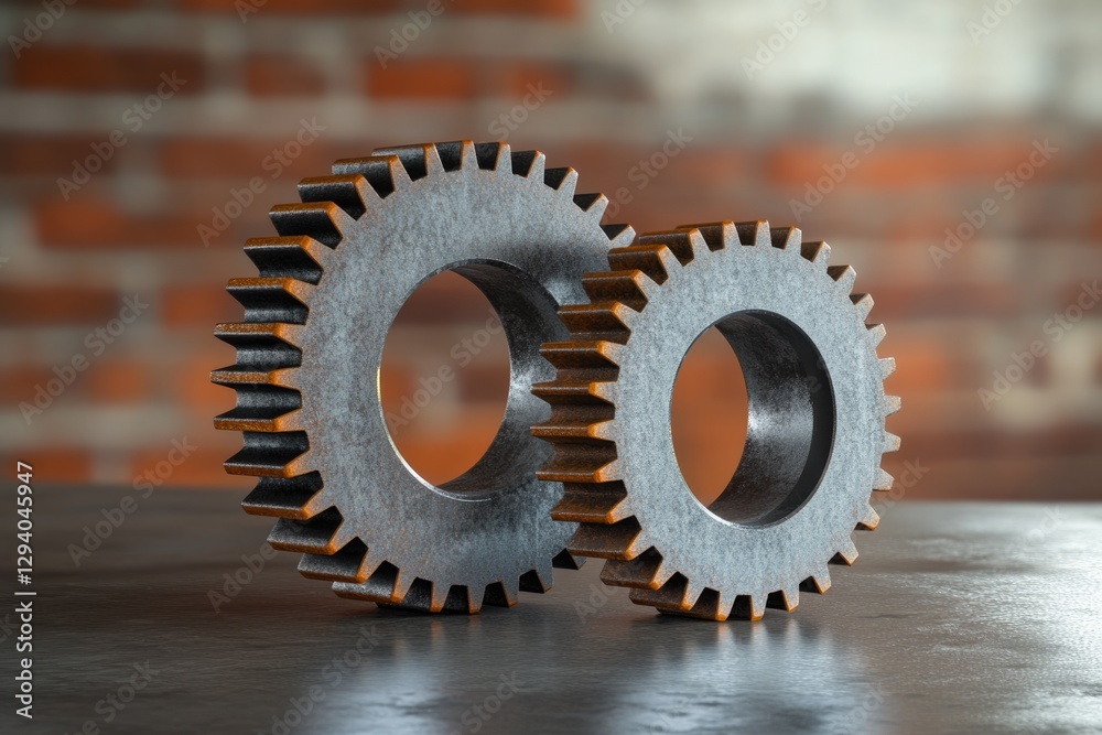 Two rusty metallic gears interlock, symbolizing teamwork and industrial machinery. Two rusty metallic gears interlock, symbolizing teamwork and industrial machinery.