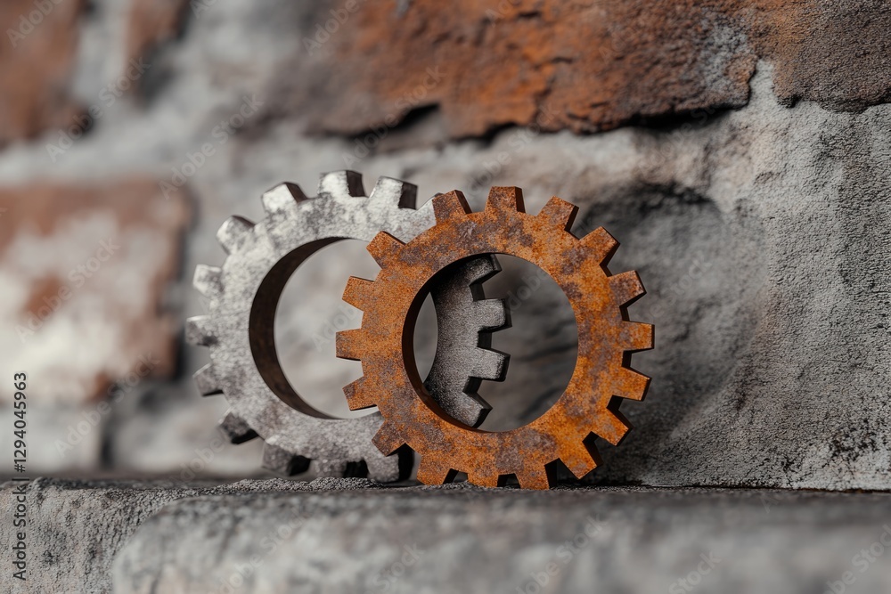 Two interlocking gears, one rusty and one metallic, rest on a stone background, symbolizing teamwork and industry. Two interlocking gears, one rusty and one metallic, rest on a stone background, symbolizing teamwork and industry.