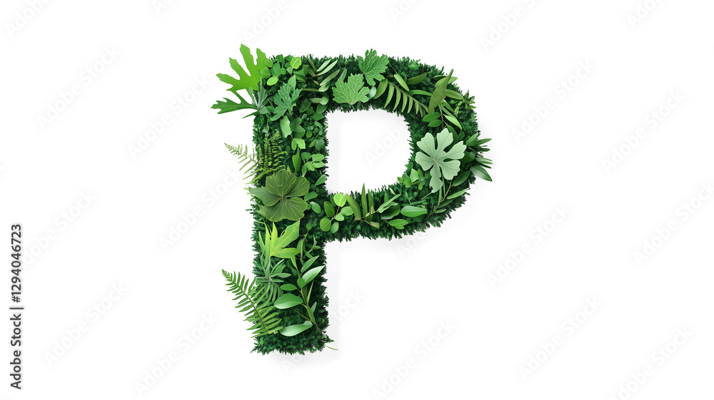 Font letter P formed by green moss fern leaves plant nature elements cutout isolated on transparent background, PNG Font letter P formed by green moss fern leaves plant nature elements cutout isolated on transparent background, PNG