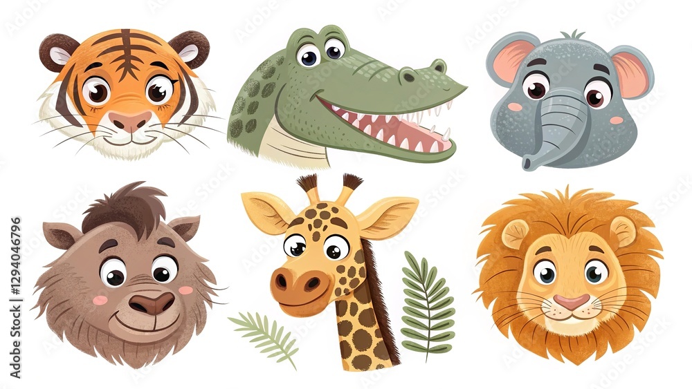 Naklejka premium Playful wild animal characters in a flat, colorful children's design. 