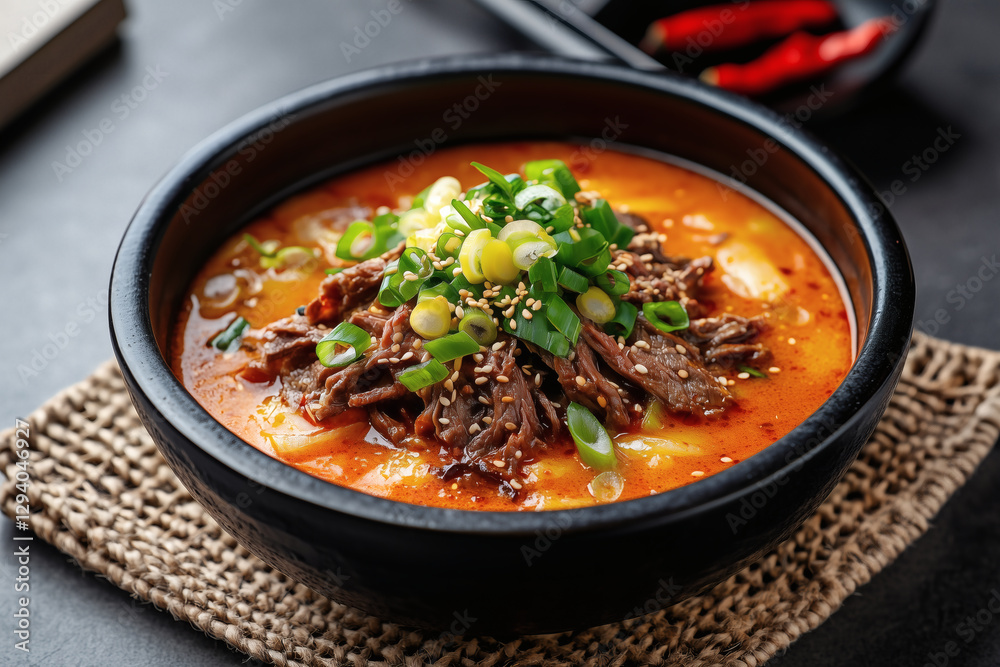 Spicy beef soup with scallions in black bowl. Spicy beef soup with scallions in black bowl.