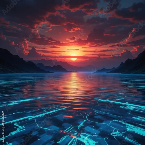 A cybernetic lagoon at sunset glitching into digital oblivion