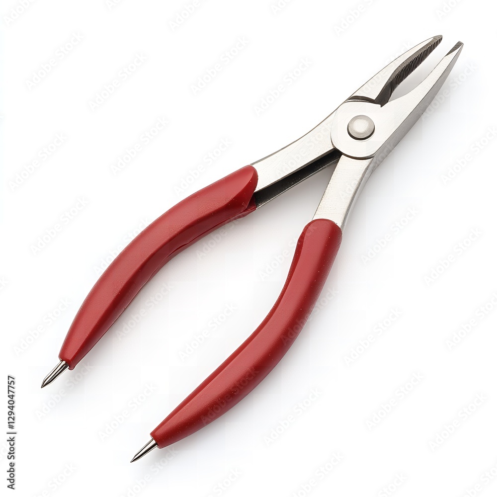 Red handled Precision Pliers for Detailed Work Close up Studio Shot on White Background Red handled Precision Pliers for Detailed Work Close up Studio Shot on White Background