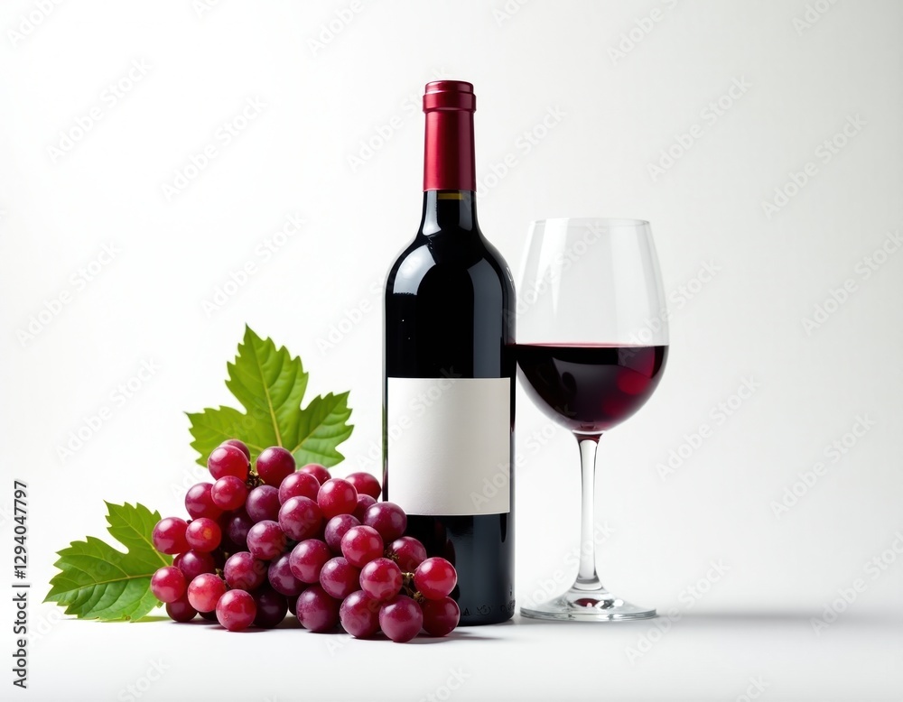 Red Wine Bottle, Grapes, and Glass on White Background Red Wine Bottle, Grapes, and Glass on White Background