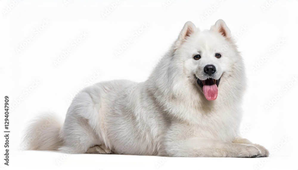 Radiant White Samoyed Dog, Caught in a Playful Moment of Exertion Against a Crisp, Clean Backdrop Radiant White Samoyed Dog, Caught in a Playful Moment of Exertion Against a Crisp, Clean Backdrop