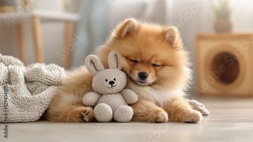 Cute pomeranian puppy embracing fluffy bunny toy at home photo