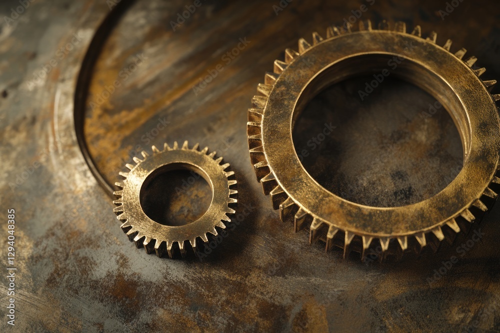 Two golden gears on a rustic background, representing intricate mechanics and teamwork. Two golden gears on a rustic background, representing intricate mechanics and teamwork.