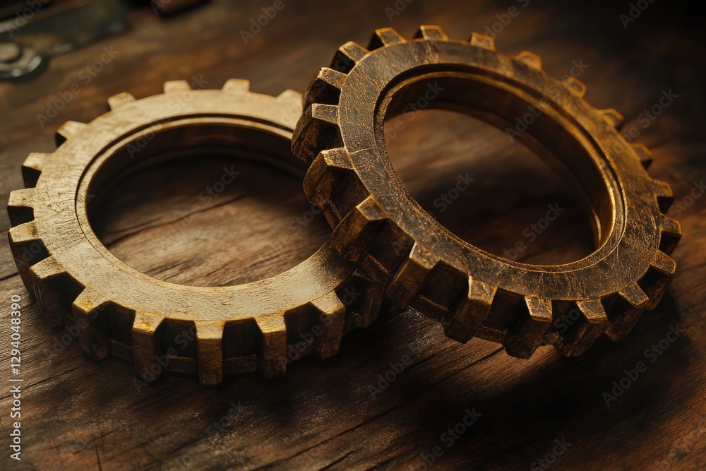 Two golden gears rest on a dark wooden surface, showcasing intricate details and a vintage aesthetic. Two golden gears rest on a dark wooden surface, showcasing intricate details and a vintage aesthetic.