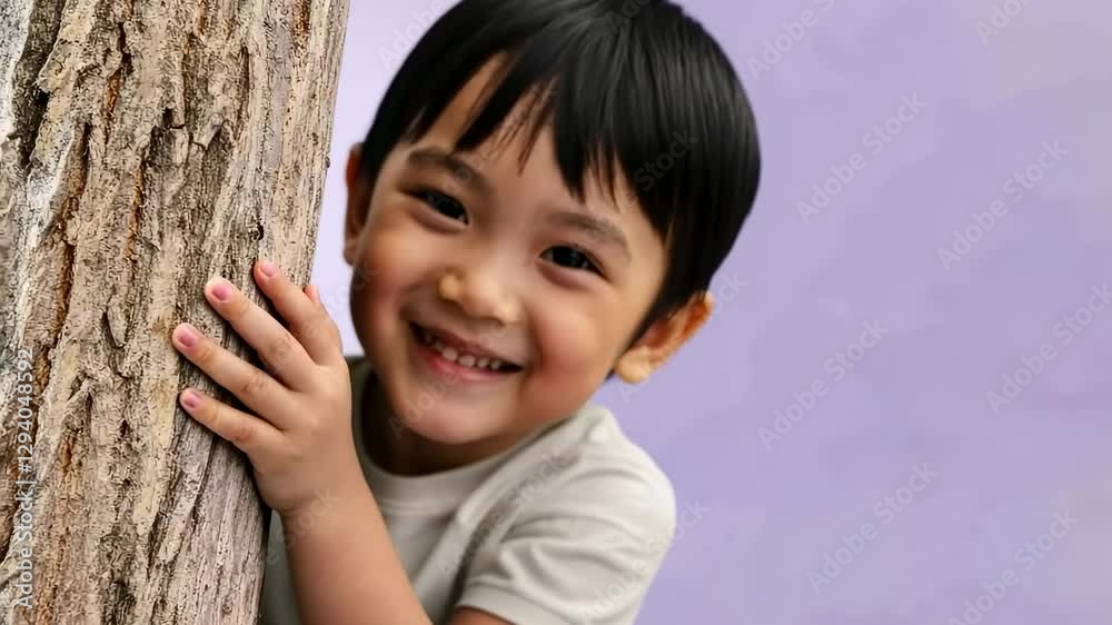 Joyful child playing hide and seek behind a tree Joyful child playing hide and seek behind a tree