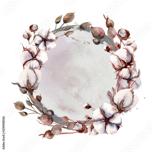 Round frame of cotton flowers, lavender and dried flowers. Watercolor illustration on white background. Splashes on gray background