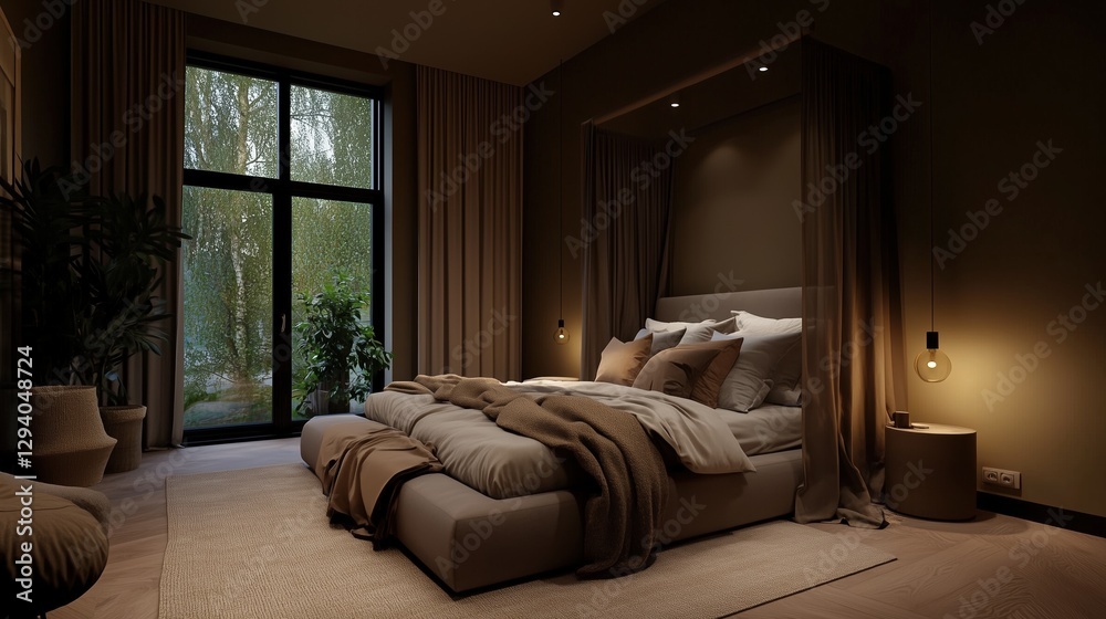 Fototapeta premium A bedroom with a large bed and a window. The curtains are drawn, and the room is dimly lit