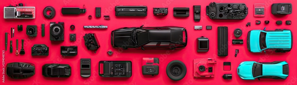 Assorted Components, Flatlay, Red Background Assorted Components, Flatlay, Red Background