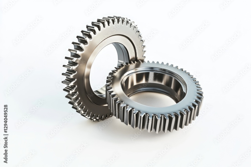 Two metallic gears interlock, symbolizing teamwork, precision, and industrial machinery. Two metallic gears interlock, symbolizing teamwork, precision, and industrial machinery.
