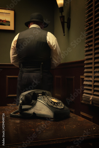 Portrait of detective and old phone in  vintage office. Picture on the wall is my picture.
