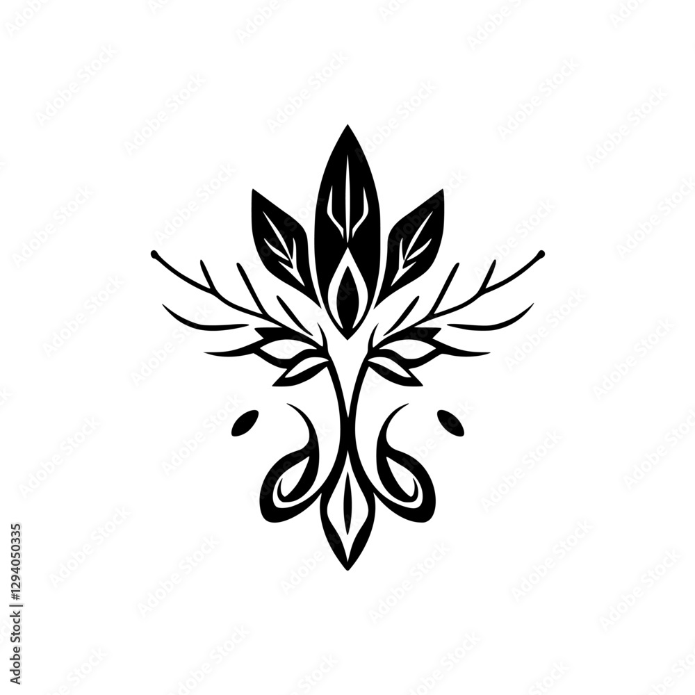 Black and white minimalist elegant symmetric tree-like design of leaves and stems with a simple and clean aesthetic. Black and white minimalist elegant symmetric tree-like design of leaves and stems with a simple and clean aesthetic.