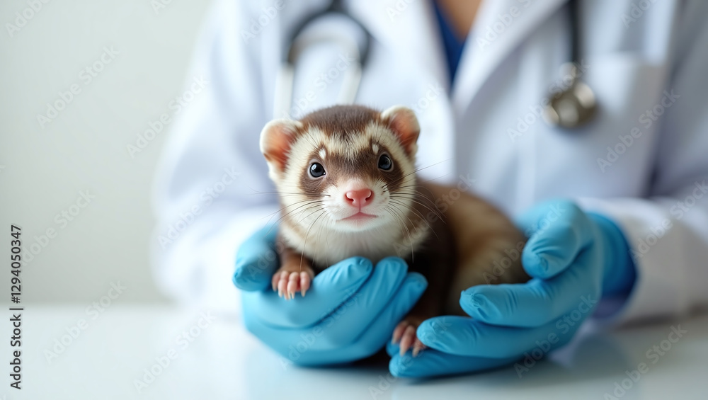 Ferret at Veterinarian Clinic during Check-up and Treatment, Hands in Gloves of Vet in Pet Emergency Care Ferret at Veterinarian Clinic during Check-up and Treatment, Hands in Gloves of Vet in Pet Emergency Care