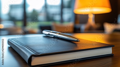 Dark Themed Workspace with Black Leather Journal and Silver Pen