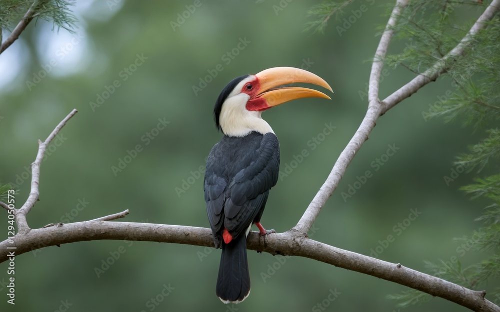 A vibrant hornbill perched on a high branch, showcasing its massive beak A vibrant hornbill perched on a high branch, showcasing its massive beak