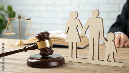 Protection of children's rights in custody cases and orphanage, social services, law and Justice in Court, Orphan in Legal System, - Judge Gavel with Wooden Figures of Family