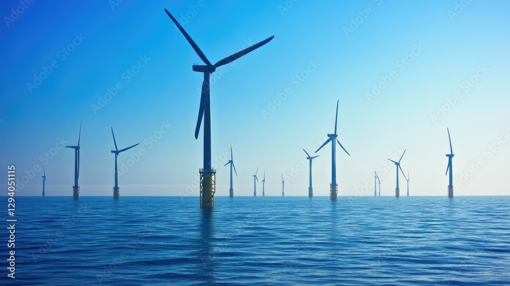 Offshore wind farm with turbines rising from the ocean, generating electricity. Offshore wind farm with turbines rising from the ocean, generating electricity.