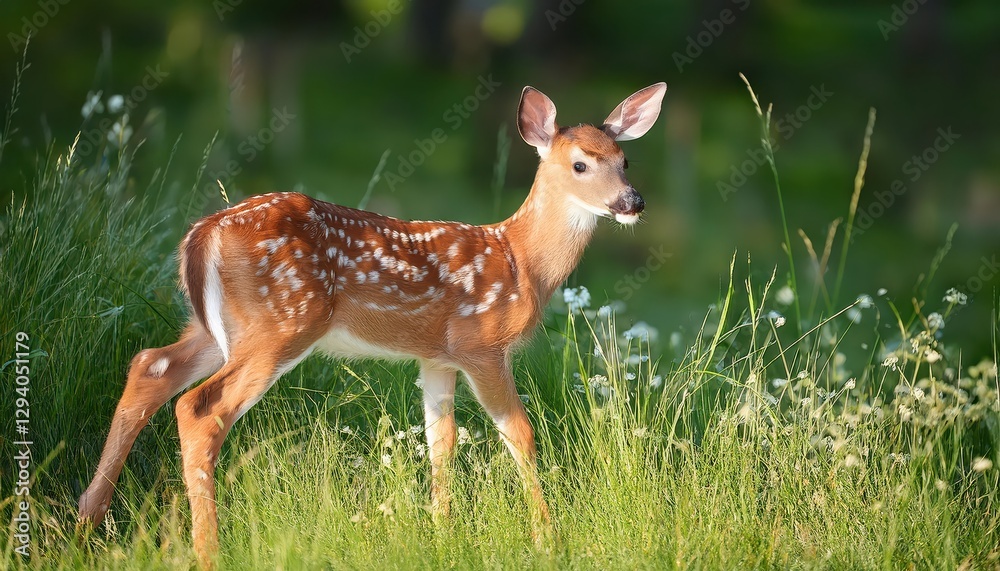 Whitetail Fawn in Lush Grassland Delicate, Spotted Faun Amidst Green Fields at Twilight, Capturing the Serenity of Natures Hideaway. Whitetail Fawn in Lush Grassland Delicate, Spotted Faun Amidst Green Fields at Twilight, Capturing the Serenity of Natures Hideaway.