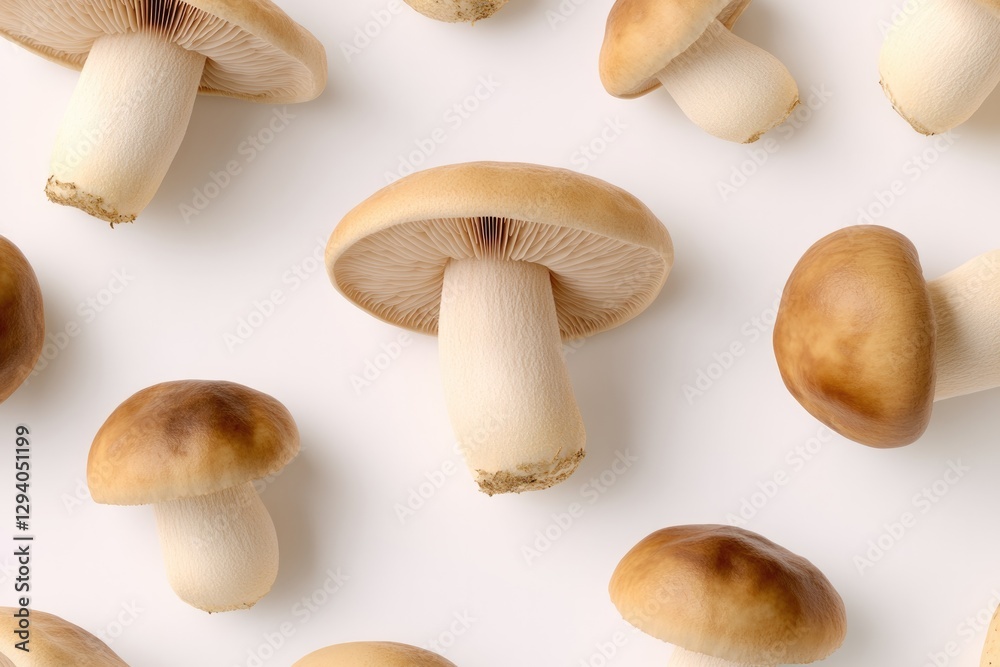 Fresh mushrooms arranged harmoniously on clean surface showcasin Fresh mushrooms arranged harmoniously on clean surface showcasin