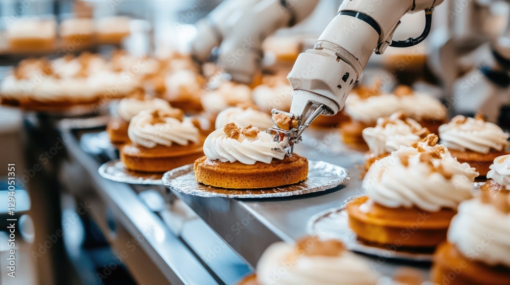Obraz premium Precision robotic arms handling delicate pastries in an advanced food production lab.