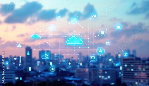 Digital Cityscape with Smart Buildings and Cloud Technology, Representing Urban Tech Innovation