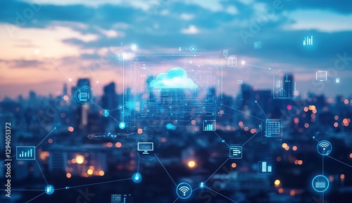 Digital Cityscape with Smart Buildings and Cloud Technology, Representing Urban Tech Innovation