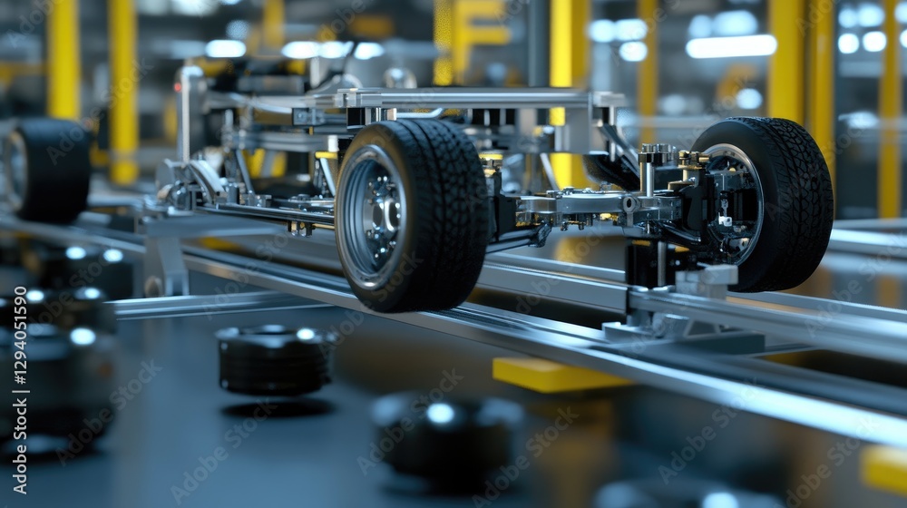 Fototapeta premium Production line in a car factory with robotic machines attaching tires to vehicles.