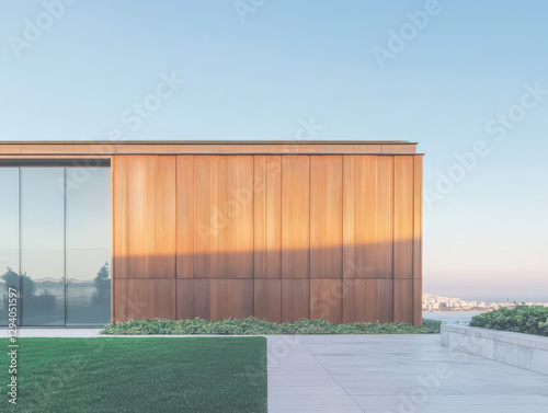 Wallpaper Mural Modern architectural design featuring wooden facade and glass elements in clear daylight Torontodigital.ca