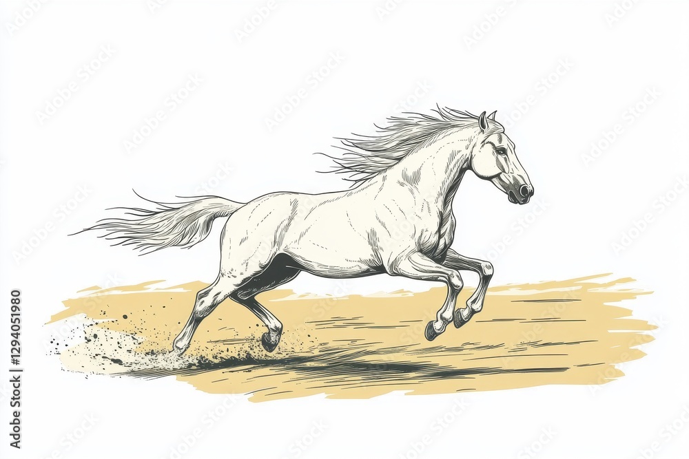 Fototapeta premium Majestic White Horse Galloping Across Sandy Soil in Dynamic Motion