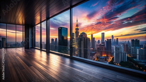 Kuala Lumpur Cityscape Balcony View: Black Wall, Wooden Floor Stock Photo