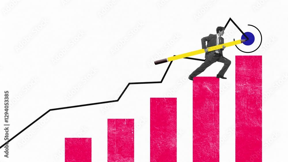 Stop motion, animation. Businessman with oversized yellow pencil, climbing red bar graph aiming at blue bullseye, symbolizing goal achievement. Concept of business, strategy, operation, success
