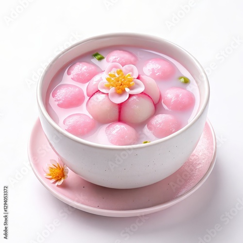 bowl of pink bua loy, Thai dessert with rice flour dumplings in coconut milk, garnished with flower, creating delicate and inviting presentation photo