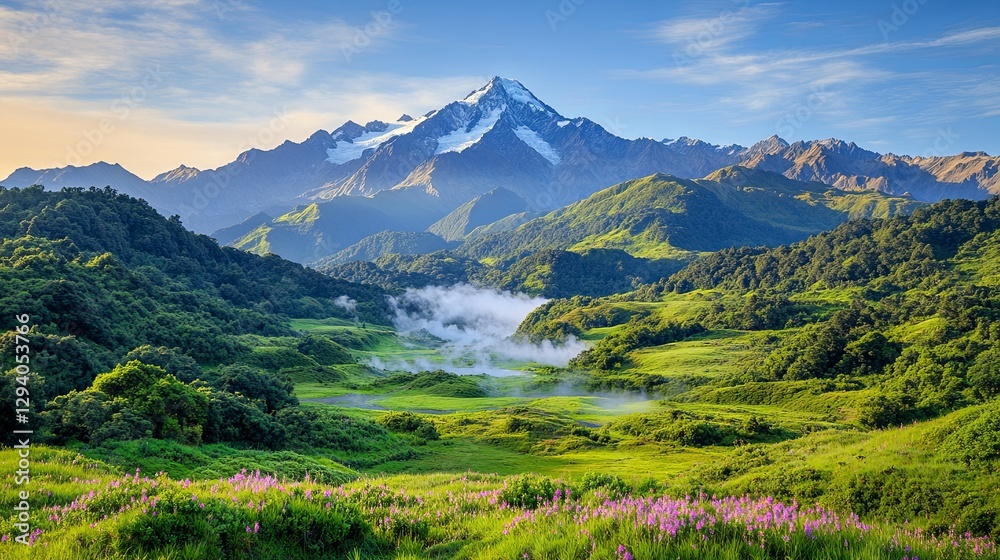 Fototapeta premium steam expanding spreading Expansive Steam Rising Over Serene Mountain Landscape