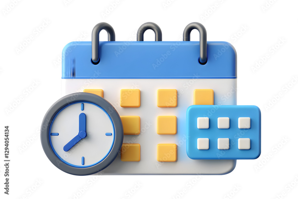 Calendar Clock: A vibrant 3D calendar icon with a clock and a grid of blue squares, representing time management and schedule. Calendar Clock: A vibrant 3D calendar icon with a clock and a grid of blue squares, representing time management and schedule.