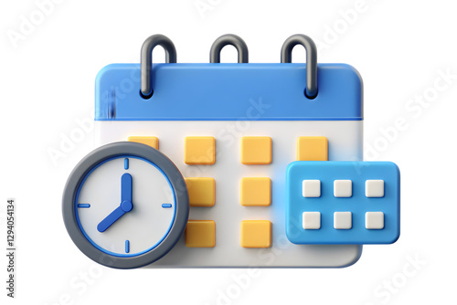Calendar Clock:  A vibrant 3D calendar icon with a clock and a grid of blue squares, representing time management and schedule.  
