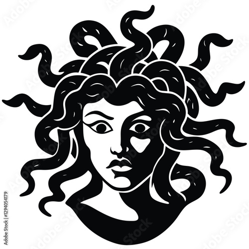Greek mythology, Medusa head, snake hair, black and white illustration, stylized face, circular design, symmetrical composition, graphic art, bold lines, contrasting shadows, mythological creature, 