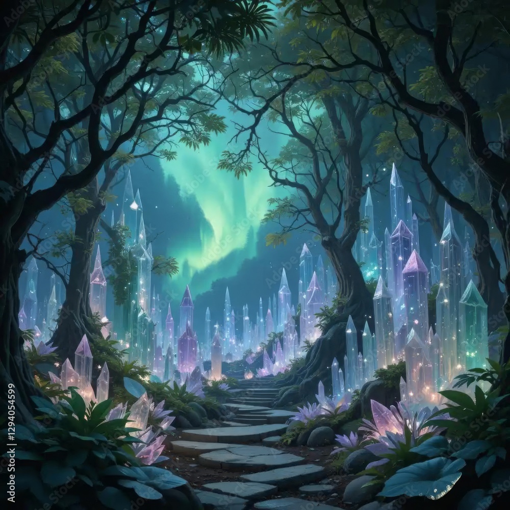 Fototapeta premium An ethereal crystal grove bathed in the shimmering aurora lights