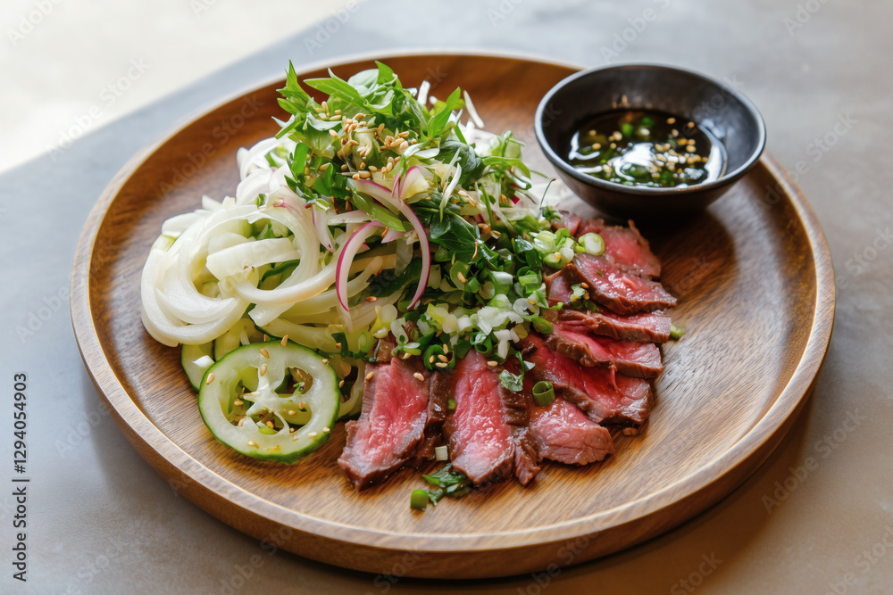 Beef salad with noodles and dipping sauce Beef salad with noodles and dipping sauce