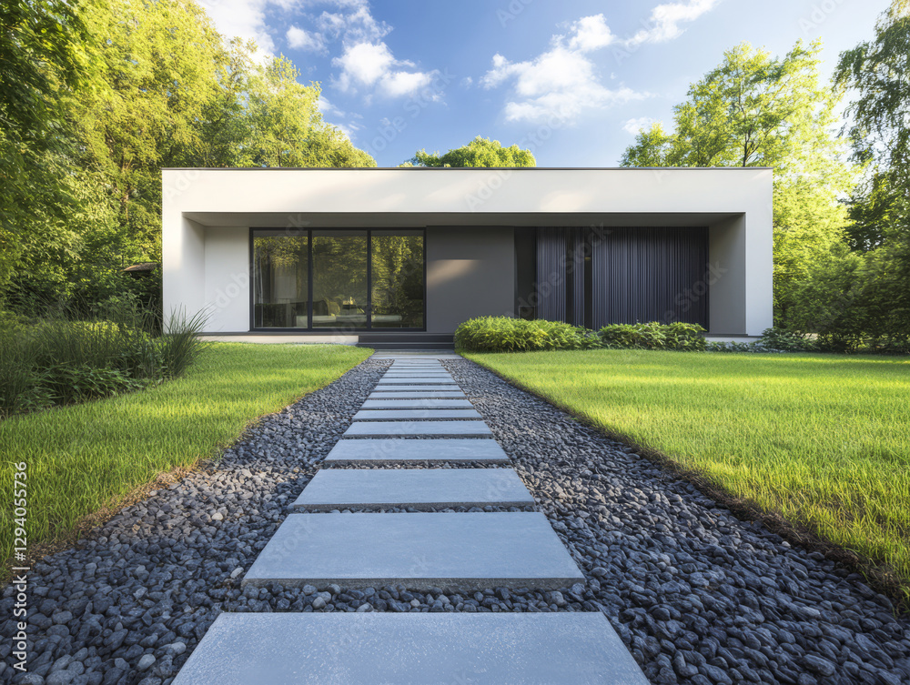 Fototapeta premium Modern house surrounded by greenery with a clean stone pathway leading to the entrance